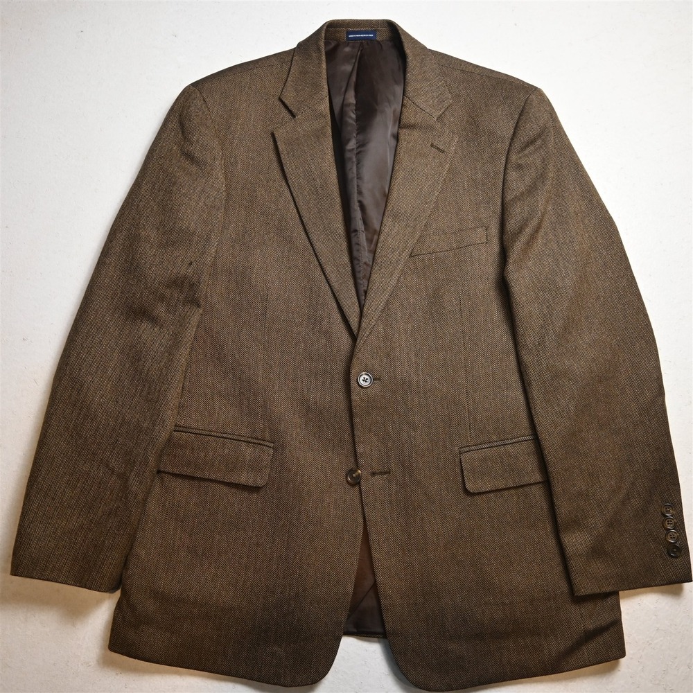 Stafford 42L Brown Herringbone 100% Wool Mens Blazer Suit Jacket Sport Coat
